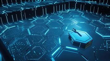 Cyber security concept with closed padlock on hexagons background 3D rendering photo