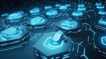 Cyber security concept with closed padlock on hexagons background 3D rendering photo
