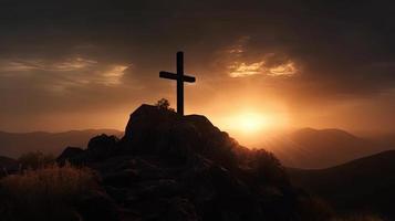 Mountain Majesty Artistic Silhouette of Crucifix Cross Against Sunset Sky photo