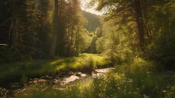 A peaceful forest clearing bathed in warm sunlight, surrounded by tall trees and lush foliage, with a gentle stream trickling through the undergrowth and a distant mountain range visible photo