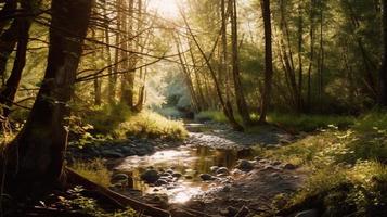 A peaceful forest clearing bathed in warm sunlight, surrounded by tall trees and lush foliage, with a gentle stream trickling through the undergrowth and a distant mountain range visible photo