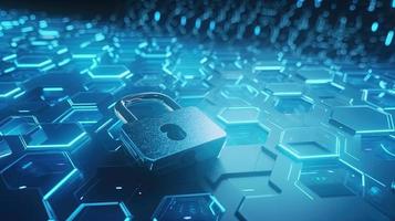 Cyber security concept with closed padlock on hexagons background 3D rendering photo