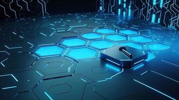 Cyber security concept with closed padlock on hexagons background 3D rendering photo