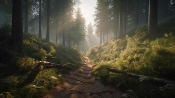 Foggy path through the forest ,Sunset in a dark forest with rays of light passing through the trees photo