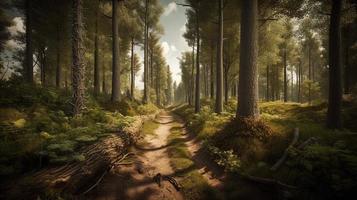 Foggy path through the forest ,Sunset in a dark forest with rays of light passing through the trees photo
