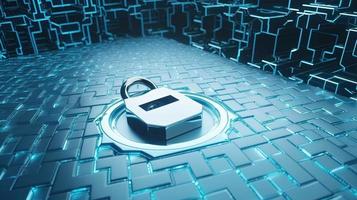 Cyber security concept with closed padlock on hexagons background 3D rendering photo