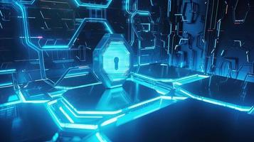 Cyber security concept with closed padlock on hexagons background 3D rendering photo