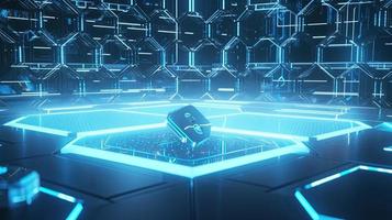 Cyber security concept with closed padlock on hexagons background 3D rendering photo