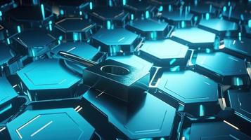 Cyber security concept with closed padlock on hexagons background 3D rendering photo