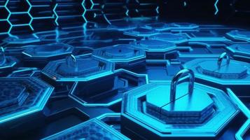 Cyber security concept with closed padlock on hexagons background 3D rendering photo