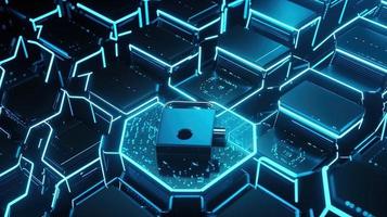 Cyber security concept with closed padlock on hexagons background 3D rendering photo