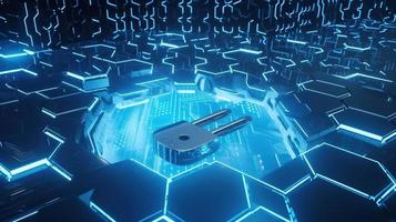 Cyber security concept with closed padlock on hexagons background 3D rendering photo