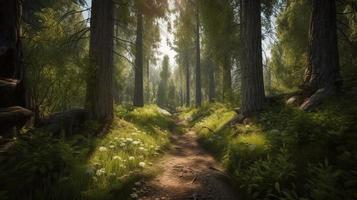 Foggy path through the forest ,Sunset in a dark forest with rays of light passing through the trees photo