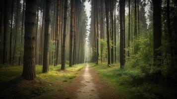 Foggy path through the forest ,Sunset in a dark forest with rays of light passing through the trees photo