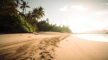 tropical paraíso o Coco palma playa o blanco arena laguna foto