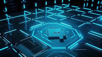 Cyber security concept with closed padlock on hexagons background 3D rendering photo