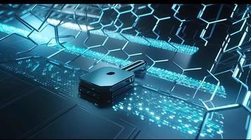 Cyber security concept with closed padlock on hexagons background 3D rendering photo