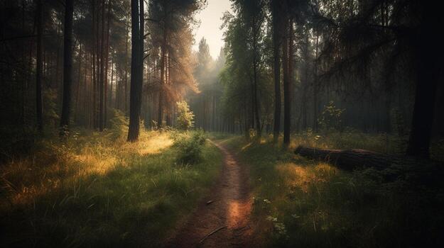 Foggy path through the forest ,Sunset in a dark forest with rays of light passing through the trees photo