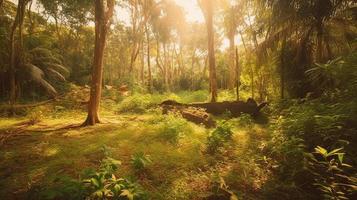 A peaceful forest clearing bathed in warm sunlight, surrounded by tall trees and lush foliage, with a gentle stream trickling through the undergrowth and a distant mountain range visible photo