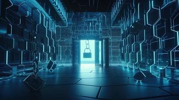 Cyber security concept with closed padlock on hexagons background 3D rendering photo