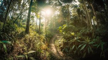 A peaceful forest clearing bathed in warm sunlight, surrounded by tall trees and lush foliage, with a gentle stream trickling through the undergrowth and a distant mountain range visible photo