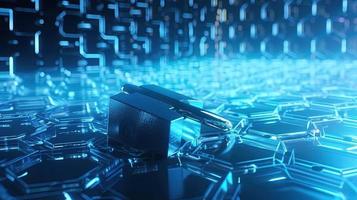 Cyber security concept with closed padlock on hexagons background 3D rendering photo