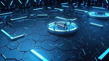 Cyber security concept with closed padlock on hexagons background 3D rendering photo