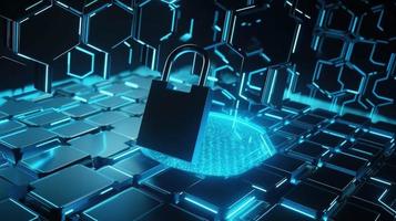 Cyber security concept with closed padlock on hexagons background 3D rendering photo
