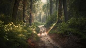 Foggy path through the forest ,Sunset in a dark forest with rays of light passing through the trees photo