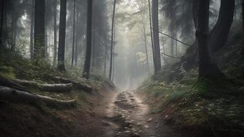 Foggy path through the forest ,Sunset in a dark forest with rays of light passing through the trees photo