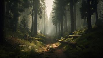 Foggy path through the forest ,Sunset in a dark forest with rays of light passing through the trees photo