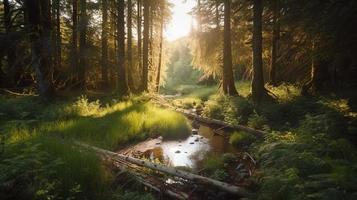 A peaceful forest clearing bathed in warm sunlight, surrounded by tall trees and lush foliage, with a gentle stream trickling through the undergrowth and a distant mountain range visible photo