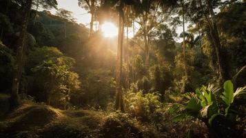 un pacífico bosque claro bañado en calentar luz de sol, rodeado por alto arboles y lozano follaje, con un amable corriente goteando mediante el maleza y un distante montaña rango visible foto