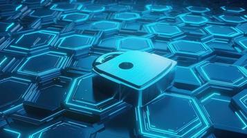 Cyber security concept with closed padlock on hexagons background 3D rendering photo