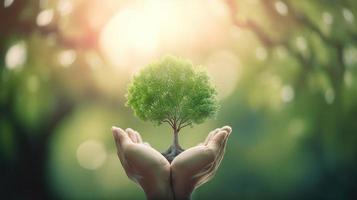 Artistic Hands Embrace Nature's Beauty Holding Tree Over Blurred Background photo