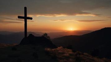 Mountain Majesty Artistic Silhouette of Crucifix Cross Against Sunset Sky photo