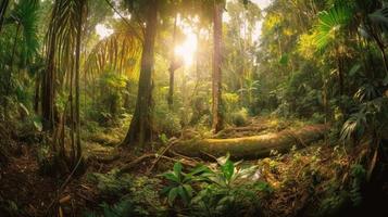 A peaceful forest clearing bathed in warm sunlight, surrounded by tall trees and lush foliage, with a gentle stream trickling through the undergrowth and a distant mountain range visible photo