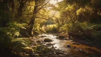 A peaceful forest clearing bathed in warm sunlight, surrounded by tall trees and lush foliage, with a gentle stream trickling through the undergrowth and a distant mountain range visible photo