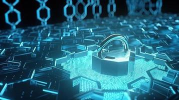 Cyber security concept with closed padlock on hexagons background 3D rendering photo