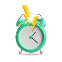 Cute cartoon alarm clock with lightning. 3d realistic table clock. Vector illustration.