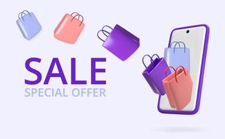 online shopping banner template. Vector 3d render mockup with gift bags , packages and phone. Sale concept