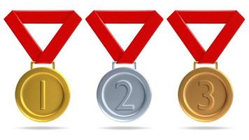 3d medal icon set. Gold, silver and bronze sport award for winner. Vector prize badge 3d render illustration isolated on a white background