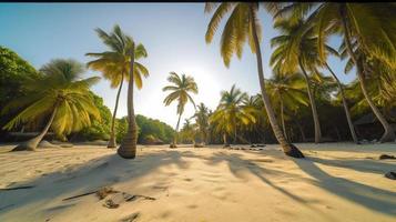 tropical paraíso o Coco palma playa o blanco arena laguna foto