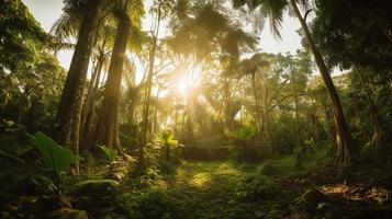 A peaceful forest clearing bathed in warm sunlight, surrounded by tall trees and lush foliage, with a gentle stream trickling through the undergrowth and a distant mountain range visible photo