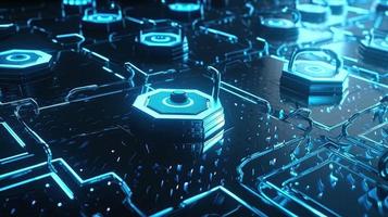 Cyber security concept with closed padlock on hexagons background 3D rendering photo