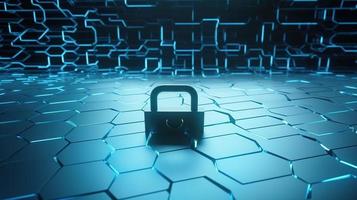 Cyber security concept with closed padlock on hexagons background 3D rendering photo