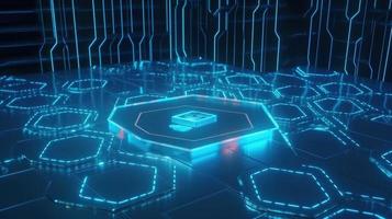 Cyber security concept with closed padlock on hexagons background 3D rendering photo