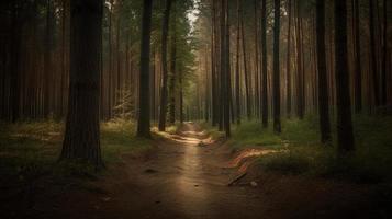 Foggy path through the forest ,Sunset in a dark forest with rays of light passing through the trees photo