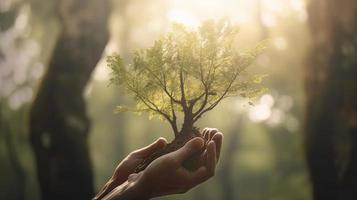 Artistic Hands Embrace Nature's Beauty Holding Tree Over Blurred Background photo