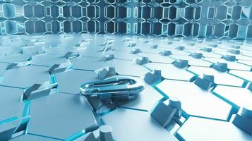 Cyber security concept with closed padlock on hexagons background 3D rendering photo